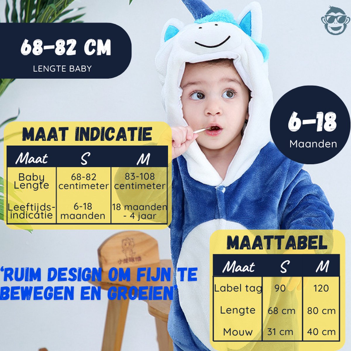 BoefieBoef Dieren Onesie Pyjama Kinderen 6m-2jr – Eenhoorn Blauw – Verkleedkleding met Luierrits – Carnaval Dierenpak - Kerst en Kraamcadeau - Zacht Flanel - Romper - Boxpak - Jongens - Meisjes — afbeelding 8