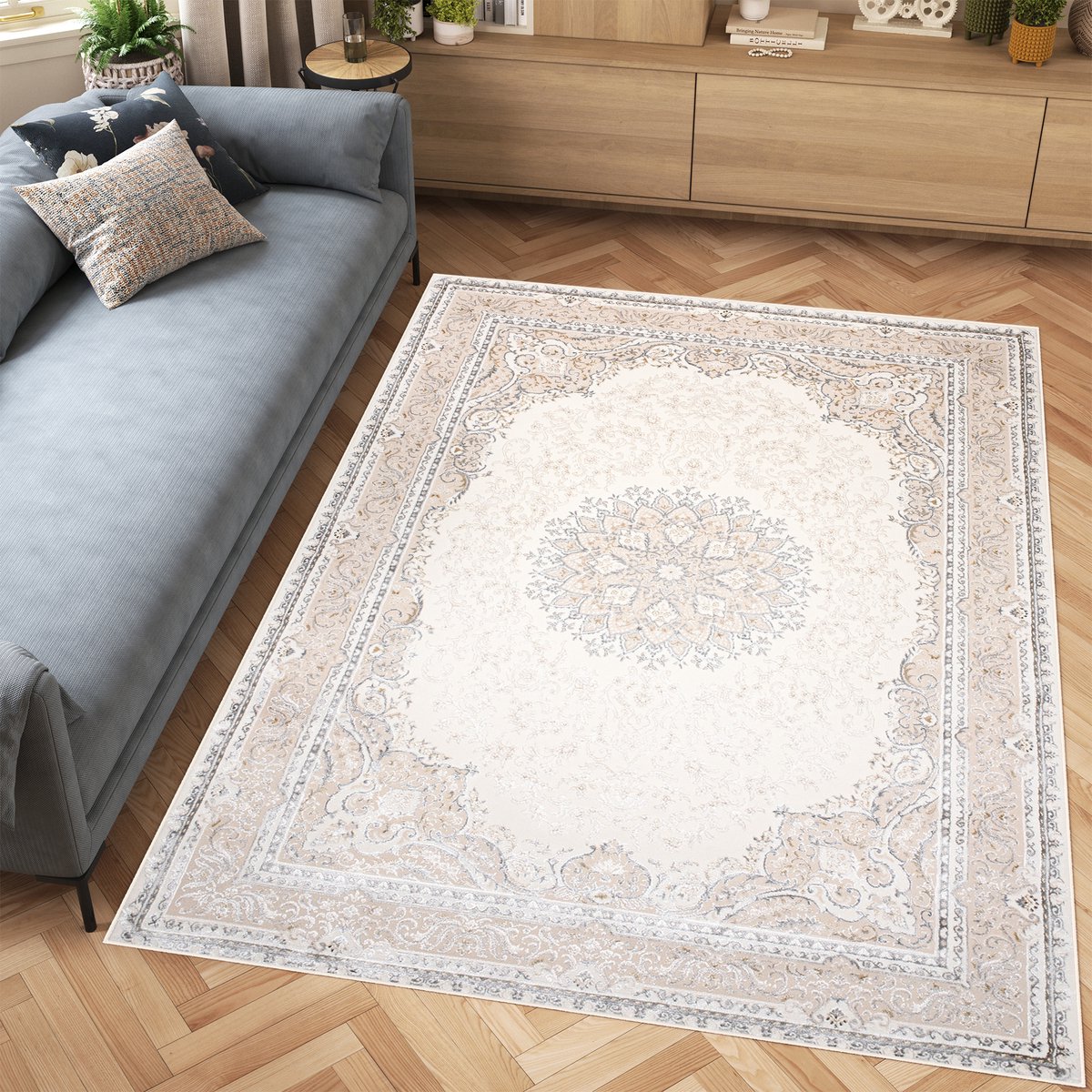 Tapiso Hera Vloerkleed Beige Woonkamer Licht Vintage Frame Tapijt Maat- 120x170 Lichtbeige
