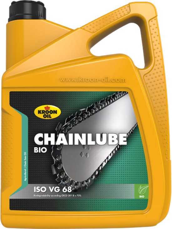 Gele kunststof can met daarop een afbeelding van een kettingzaagblad. Het label is zwart en groen met de tekst Kroon Oil Chainlube BIO ISO VG 68.