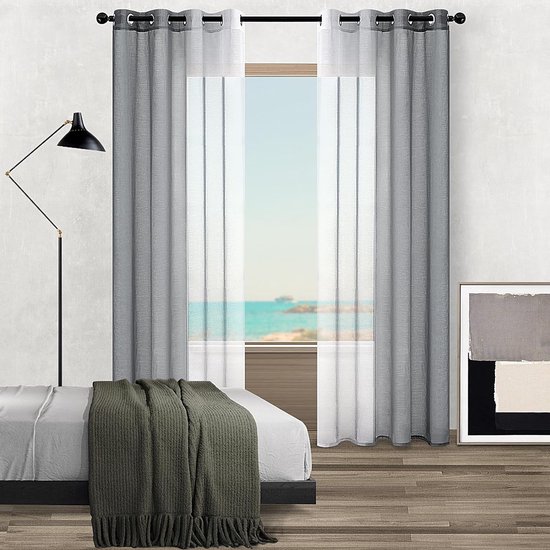 XWZO Gordijnen met oogjes, transparant kleurverloop, voile gordijnen, ombre gordijn voor slaapkamer en woonkamer, 245 x 140 cm (h x b), grijs