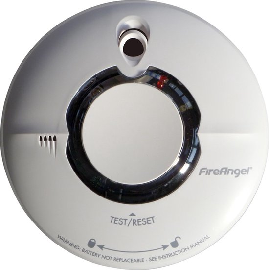 Witte, ronde FireAngel rookmelder met een zwarte ring en 'Test/Reset'-knop. Waarschuwing: batterij niet vervangbaar.