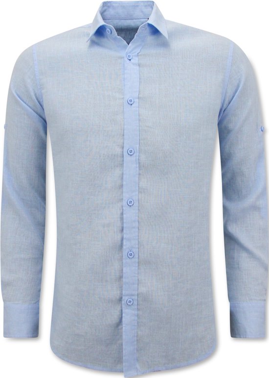 Chemise en Lin Homme - Regular Fit - Casual Blanco - Bleu Blauw