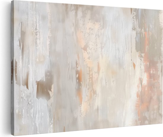 Tableau abstrait avec des coups de pinceau verticaux dans des tons beige, gris et orange clair, avec des variations de texture.
