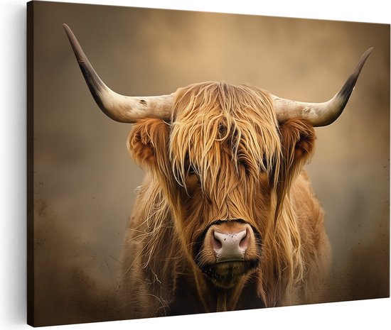 Artaza Canvas Schilderij Schotse Hooglander Koe met Lange Hoorns - Dieren - 120x80 cm - Groot - Wanddecoratie Woonkamer - Schilderijen - Muurdecoratie
