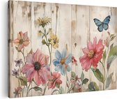 Artaza Canvas Schilderij Kunstwerk van Bloemen en een Vlinder op een Houten Muur - 30x20 - Klein - Foto Op Canvas - Canvas Print