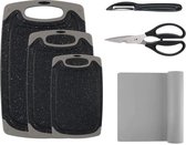 3-Delige Kunststof Snijplankenset met Antislip mat, RVS Dunschiller en Multifunctionele Keukenschaar (zwart)