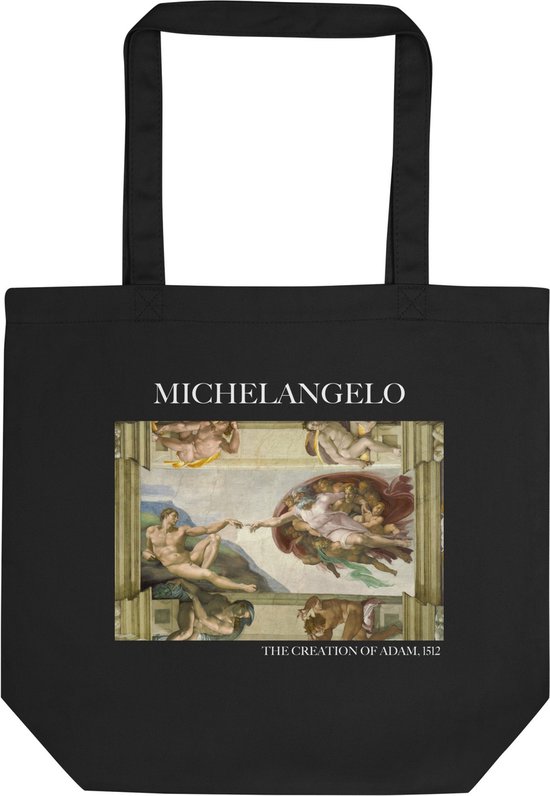 Michelangelo 'De schepping van Adam' ("The Creation of Adam") Beroemde Schilderij Tote Bag | 100% Katoenen Tas | Kunst Tote Bag | Zwart