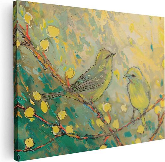 Artaza Canvas Schilderij Twee Vogels op een Tak - 80x60 - Muurdecoratie - Foto Op Canvas - Canvas Print