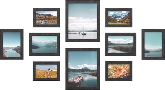 Set van 10 Fotolijsten - 2x 20 x 25 cm, 4x 13 x 18 cm en 4x 10 x 15 cm Vezelplaat Zwart Fotolijsten