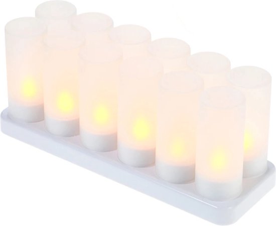 12-delige Set Oplaadbare LED-theelichtkaarsen - Met Matte Bekers - Warm Flikkerend Geel Licht - Inclusief Oplaadstation en AC-adapter