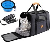 Bastix - Hondentas, transportbox, ademende en opvouwbare hondenbox, kattentransportboxen met verstelbare schouderriem, kattentransportkooi met afneembare pluche matras + kom