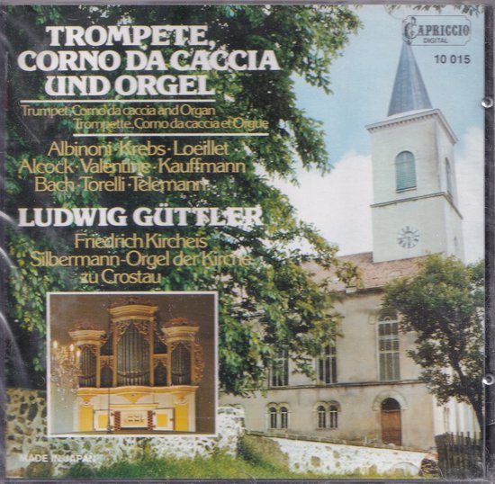 Cd hoes met de titel "Trompete, Corno da caccia und Orgel". Afbeelding van een kerk met een orgel. "Made in Japan".