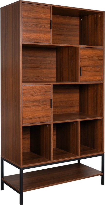 sweeek - Boekenkast in vintage stijl en walnootkleurig hout en zwart metaal met 9 vakken (3 deuren en 5 planken)