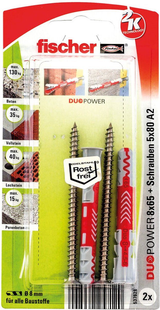 Fischer 2x DUOPOWER 8x65 S schroef roestvrij staal A2 - 537628