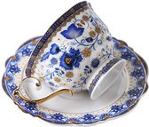 Vintage Chinees Porselein - Chineze koffiekop en schotel set, blauwe bloemen vintage porseleinen Britse theekop, 200ml