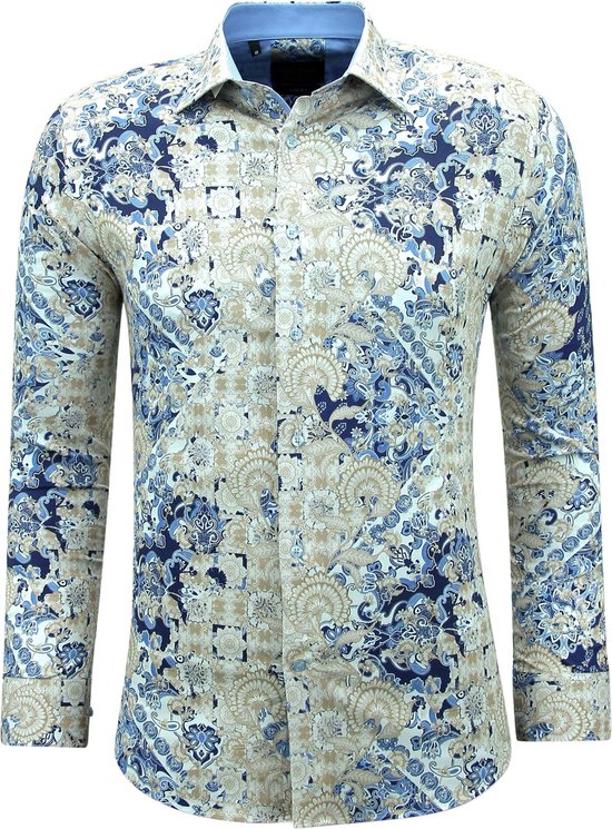 Heren Print Overhemden Lange Mouw Slim fit - 3140 - Blauw