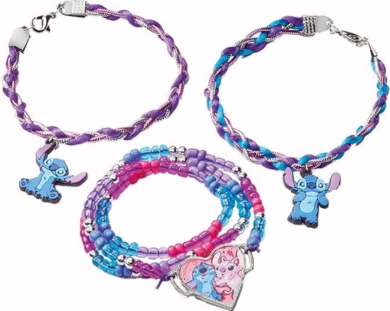 Réalisation de bracelets à breloques Totum Disney Stitch 3 avec perles et coeur et 2 breloques Stitch et techniques d'emballage et de tressage - speelgoed créatifs