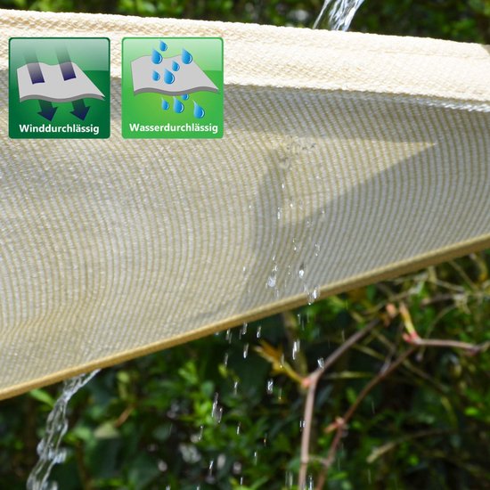 Beige zonnedoek met textuur, winddoorlatend en waterdoorlatend.