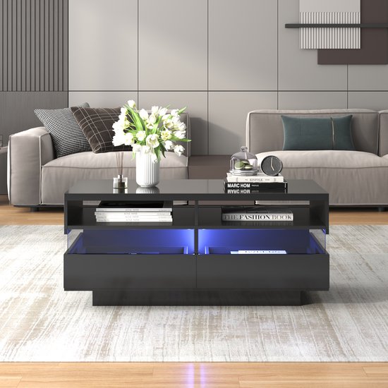 Table basse brillante avec éclairage LED - Salon Table basse rectangulaire avec deux compartiments de rangement et deux tiroirs - lumière acrylique réfléchissante - Zwart 110 L x 55 L x 48,5 H (cm)