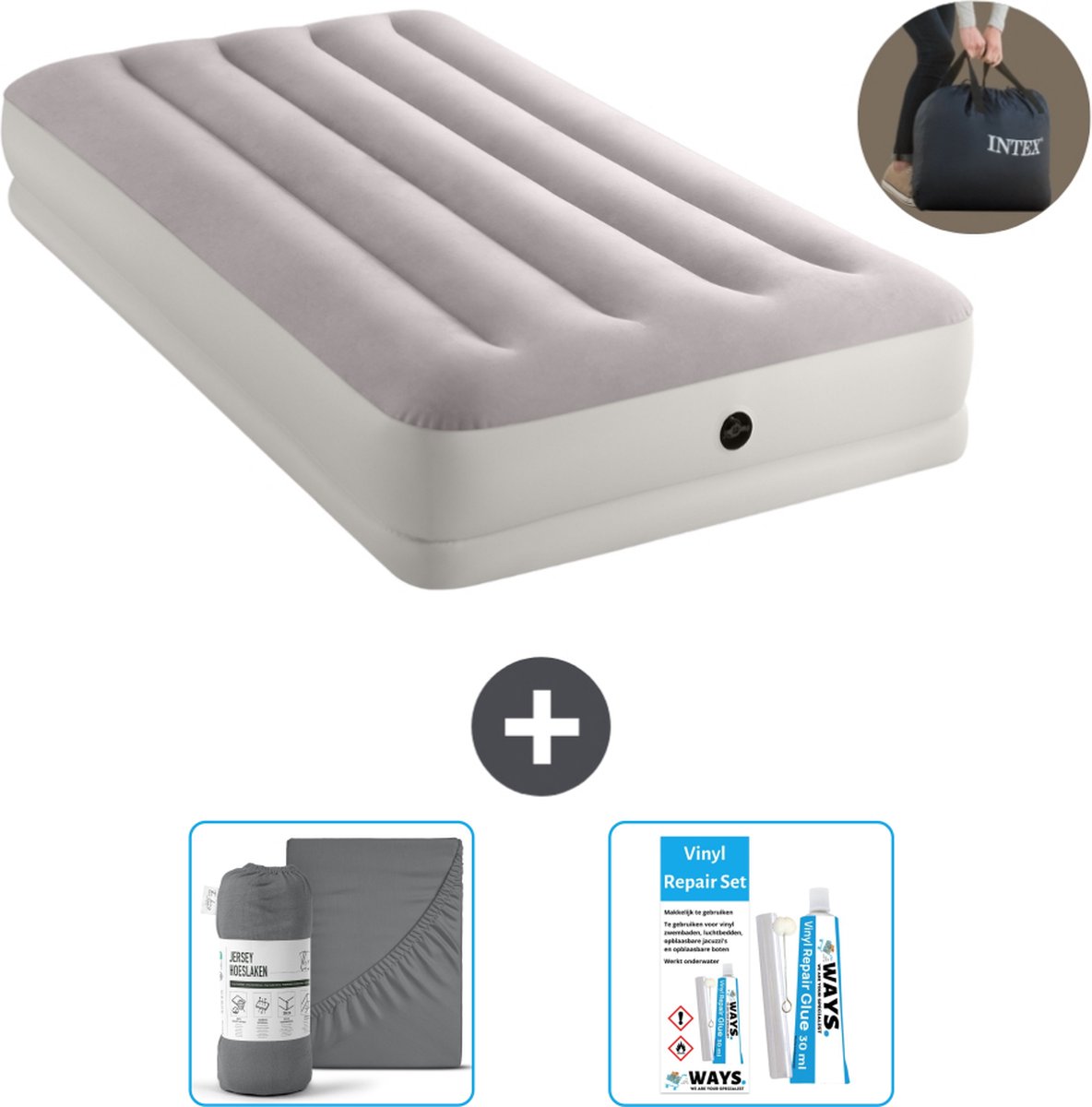 Intex Luchtbed - 1-Persoons - 99 x 191 x 30 cm - Grijs - Inclusief pomp - Accessoires CB20