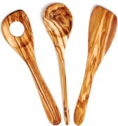 Kooklepel olijfhout, set van 3 - kooklepel van hout, handgemaakt natuurproduct, houten kooklepel, houten lepel met gat en spatel, riottrolepel