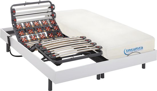 DREAMEA Elektrisch bed – bedbodem en matras – lattenbodem en contactplaatjes met vormgeheugen - DIONYSOS van DREAMEA - Motor OKIN - wit - 2x80x200 cm L 200 cm x H 35 cm x D 160 cm