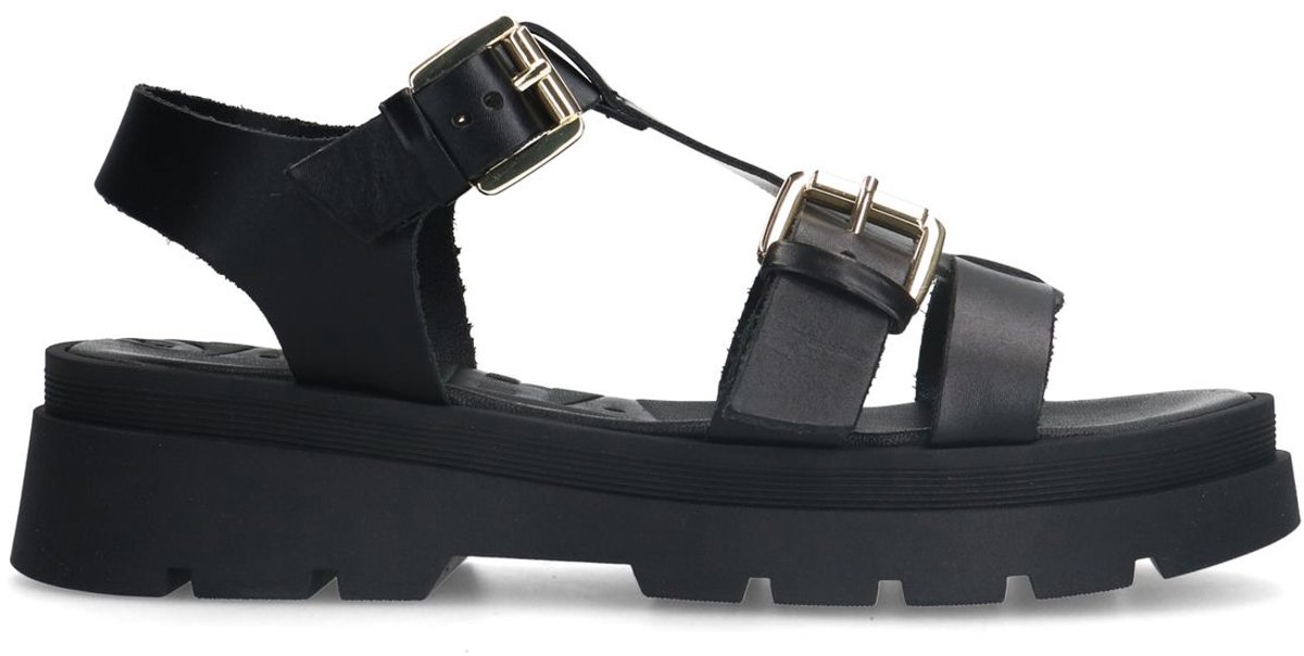 Sacha - Dames - Zwarte leren plateau sandalen met goudkleurige buckles - Maat 40