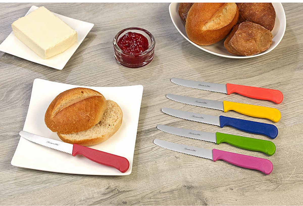 Rosenstein & Söhne - Set van 6 kleurrijke ontbijtmessen met gekartelde rand, broodmessen lemmetlengte 11,4 cm - Rosenstein & Söhne