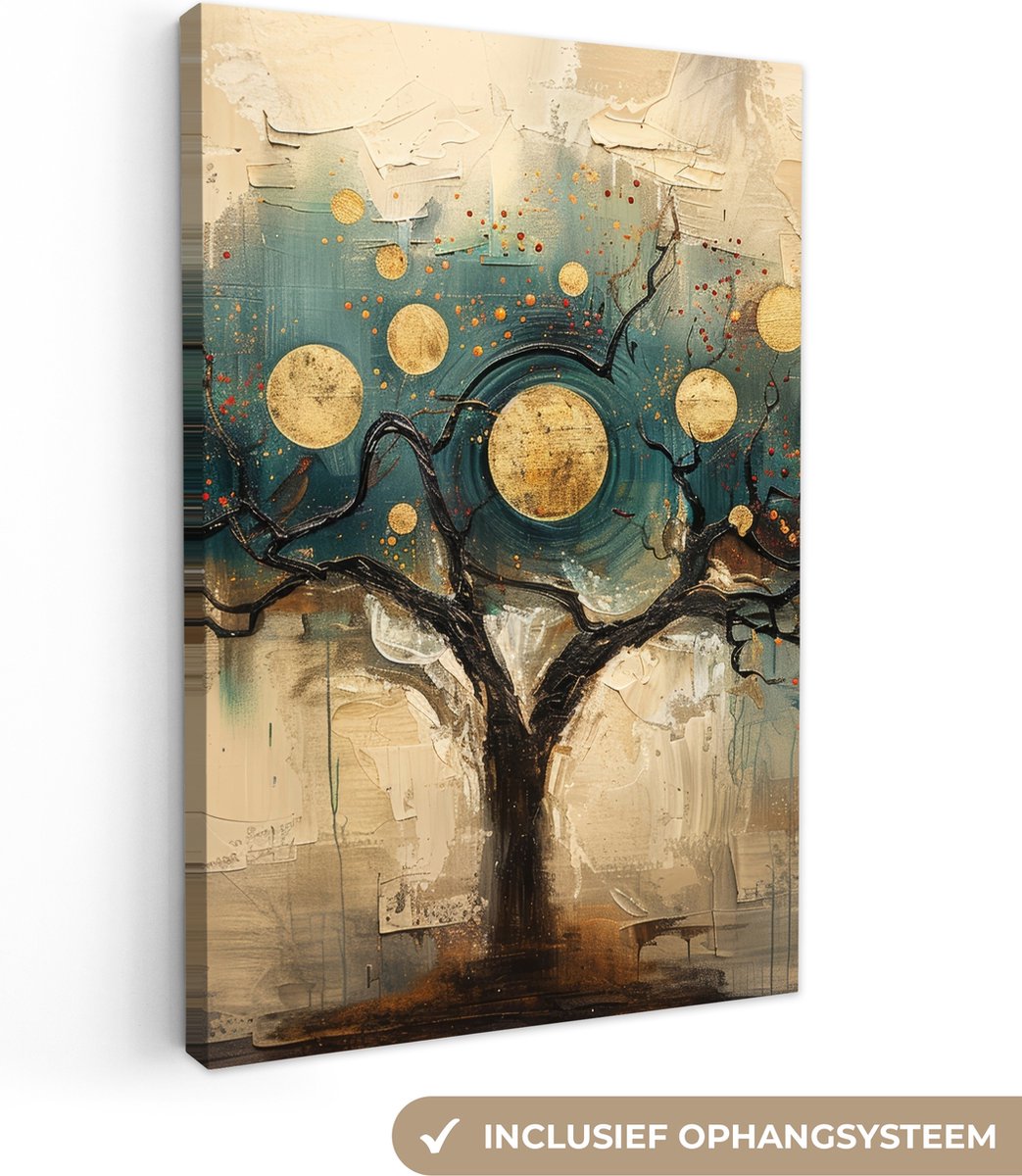 Canvas schilderij 80x120 cm - Wanddecoratie Boom - Abstract - Bruin - Goud - Industrieel - Muurdecoratie woonkamer - Kamer decoratie modern - Abstracte schilderijen