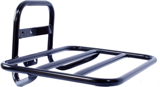 Zwarte fiets voordrager met een platte laadruimte en een rechtopstaande beugel.