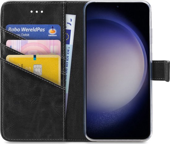Étui de téléphone noir avec porte-cartes et téléphone.