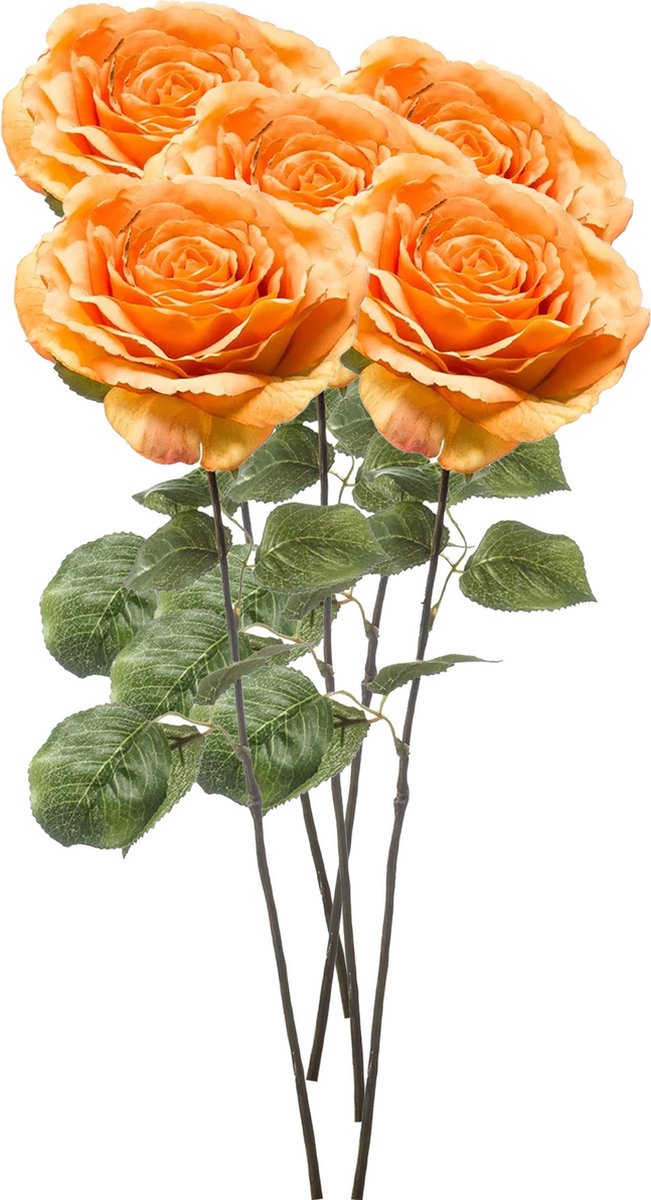 Emerald Kunstbloem Roos Laurie tak - 5x - 57 cm - oranje - Kunst zijdebloemen