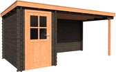 BlokhuttenOutlet.nl Blokhut met overkapping lessenaar dak 150 x 250 + 350cm in black wash met douglas wash