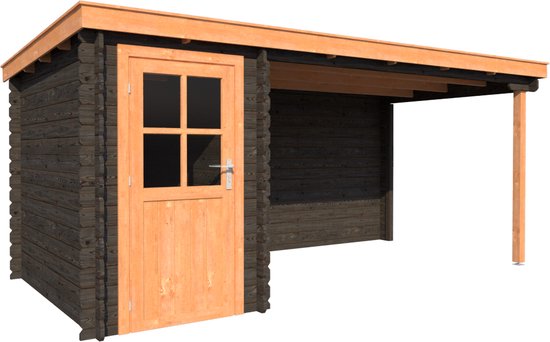 BlokhuttenOutlet.nl Blokhut met overkapping lessenaar dak 150 x 250 + 350cm in black wash met douglas wash
