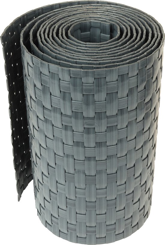 Grijze rol vlechtband met rotanlook, 255 x 19 cm.