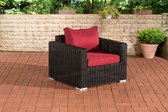 CLP Polyrattan fauteuil Bilbao/Madeira 5mm I Tuinfauteuil van rond rotan I Loungestoel met aluminium frame incl. kussens zwart robijnrood