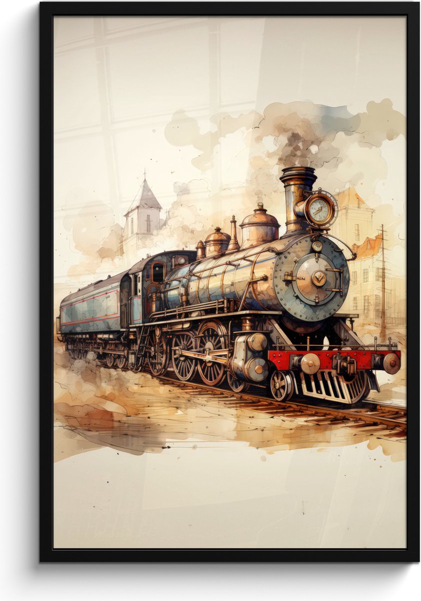 FrameYourWall Poster in lijst - Fotolijst 60x90 cm - Posters - Vintage - Trein - Spoor - Gebouw - Beige - Posterlijst zwart - Decoratie - Wanddecoratie woonkamer - Muurdecoratie slaapkamer Stoomtrein