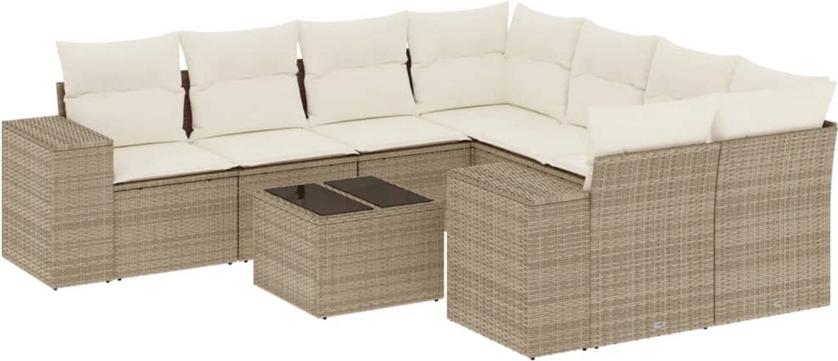 vidaXL 9-delige - Loungeset - met - kussens - poly - rattan - beige