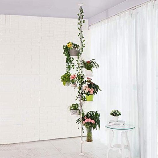 Bloempothouder 7-laags spanningspaal plantenstandaard indoor decoratieve metalen bloempot houder display rek vloer tot plafond verstelbare hangende hoekplank ruimtebesparend - ivoor