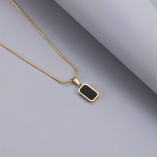 18K Gold Plated Black Onyx Double White Marble Gemstone Pendant Necklace