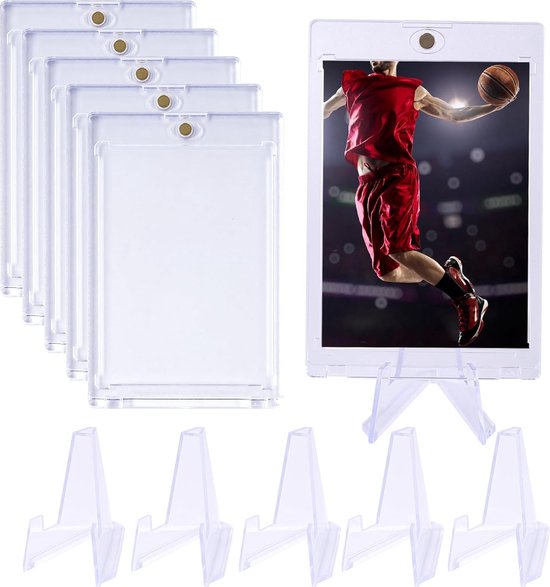 Bastix - Trading Card Sleeves, 5 stuks 35PT magnetische kaarthouder met 5 acryl kaartstandaarden, UV-bescherming kaarthouder, transparante kaartbeschermhoesjes voor Magic Game Sports Cards Collection