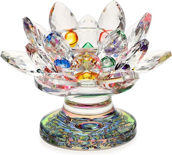 BSTKEY 4.5 "Kleurrijke Crystal Lotus Bloem Theelicht Kaarsenhouder - Regenboog Kleur Glas Kandelaar Kandelaar